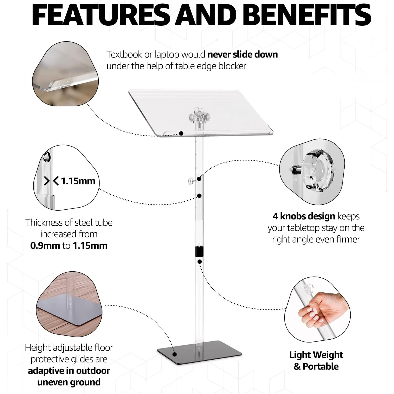 Classic Adjustable Height and Angle Acrylic Podium Stand Portable Church Lectern Pulpit for Classroom Concert Events