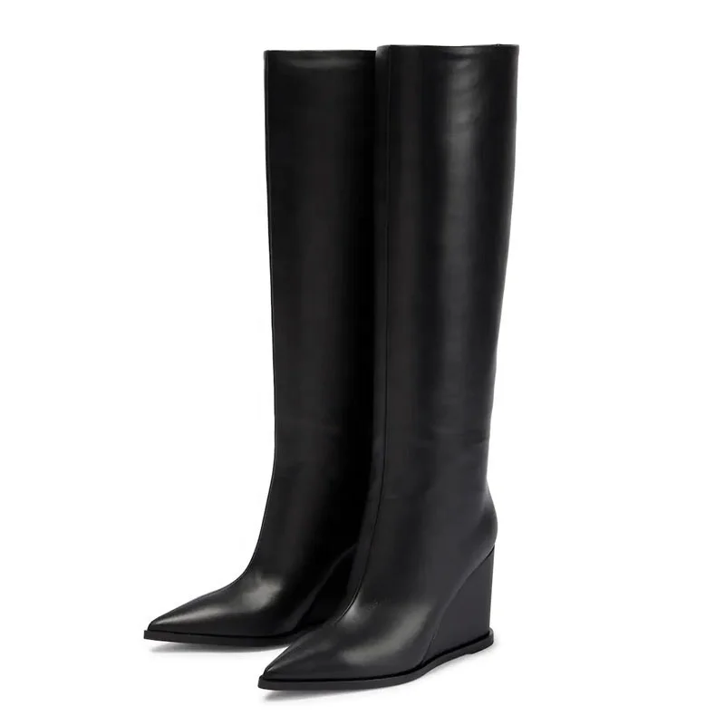 BIG SIZE 45 Wholesale High Quality Wedge Boots Winter Black Leather Pointed Toe Knee Boots Sexy Womens Boots