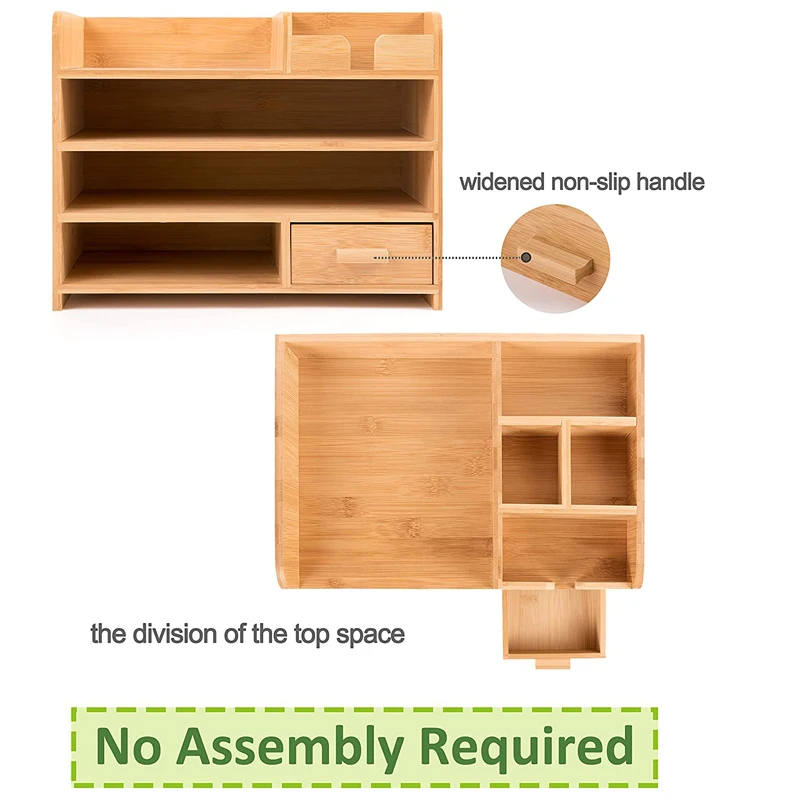 4 Tier Bamboo Desk Organizer with Drawers for Office Table Top Shelf