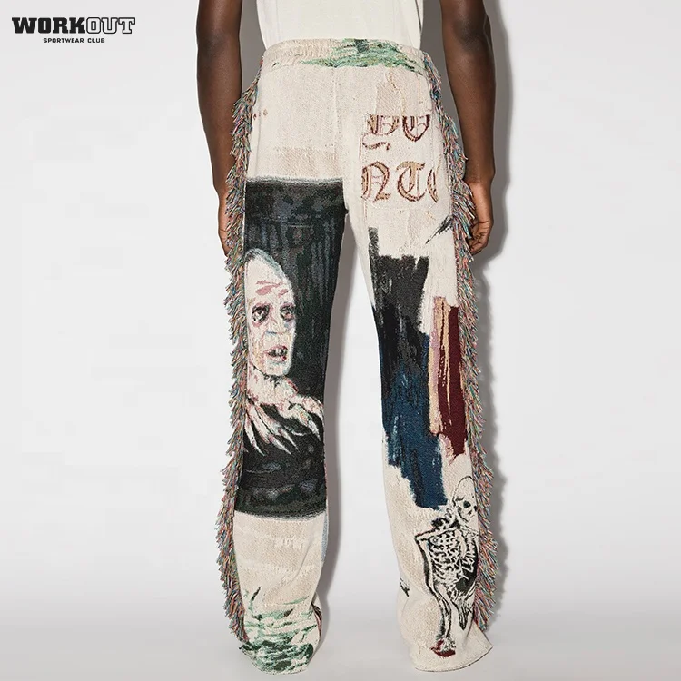 Custom Tassel Oversized Cargo Flare Unisex Stacked Woven Tapestry Pants For Men