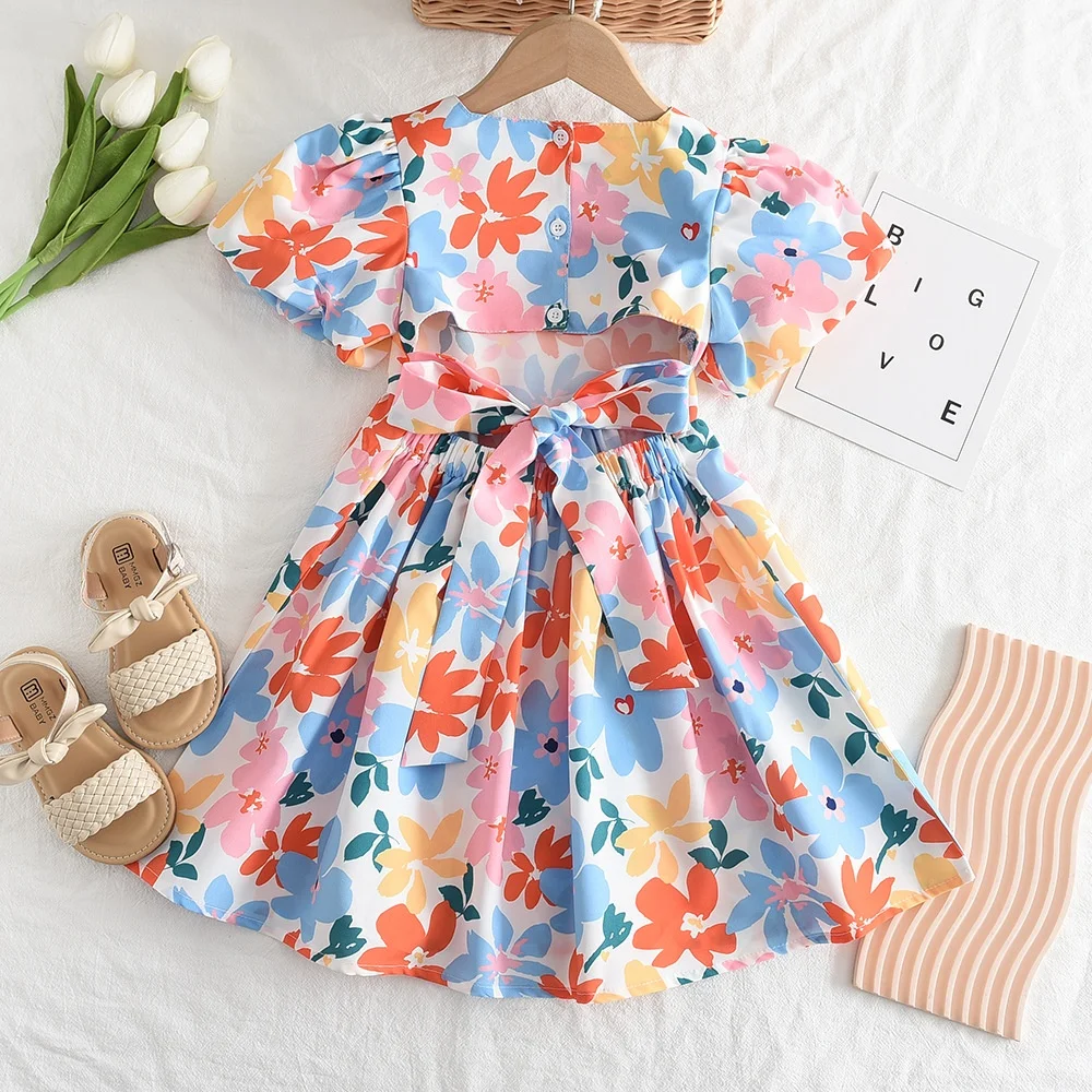 2024 Summer New Wholesale Kids Holiday Dress Colorful Floral Short Sleeved 3-7 Years Old Clothes Girls Fashion Dresses