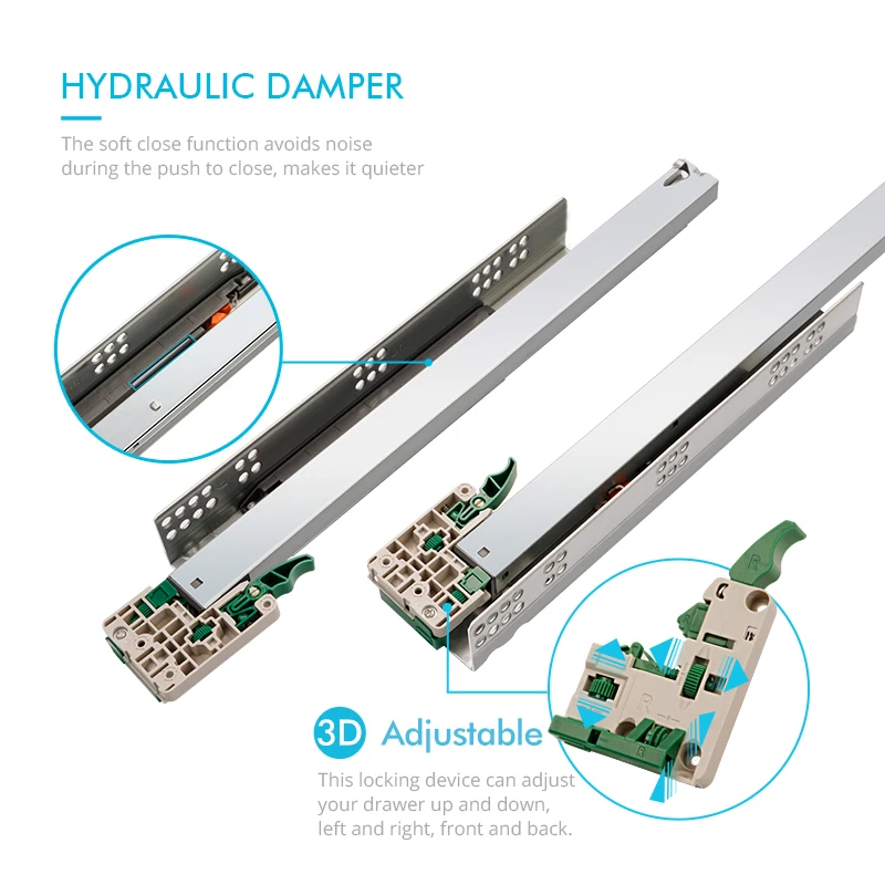 Topcent 1.7*1.5*1.3Mm Undermount Full Extension Soft Close  Self-Close Single-Extension Undermount Telescopic Slide