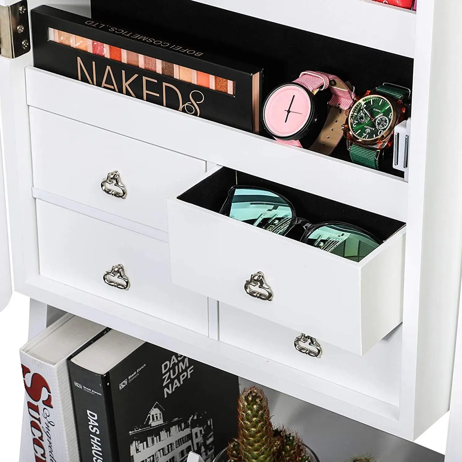 LED Jewelry Standingr Household Mirrored  Furniture White Vertical Jewelry Cabinet