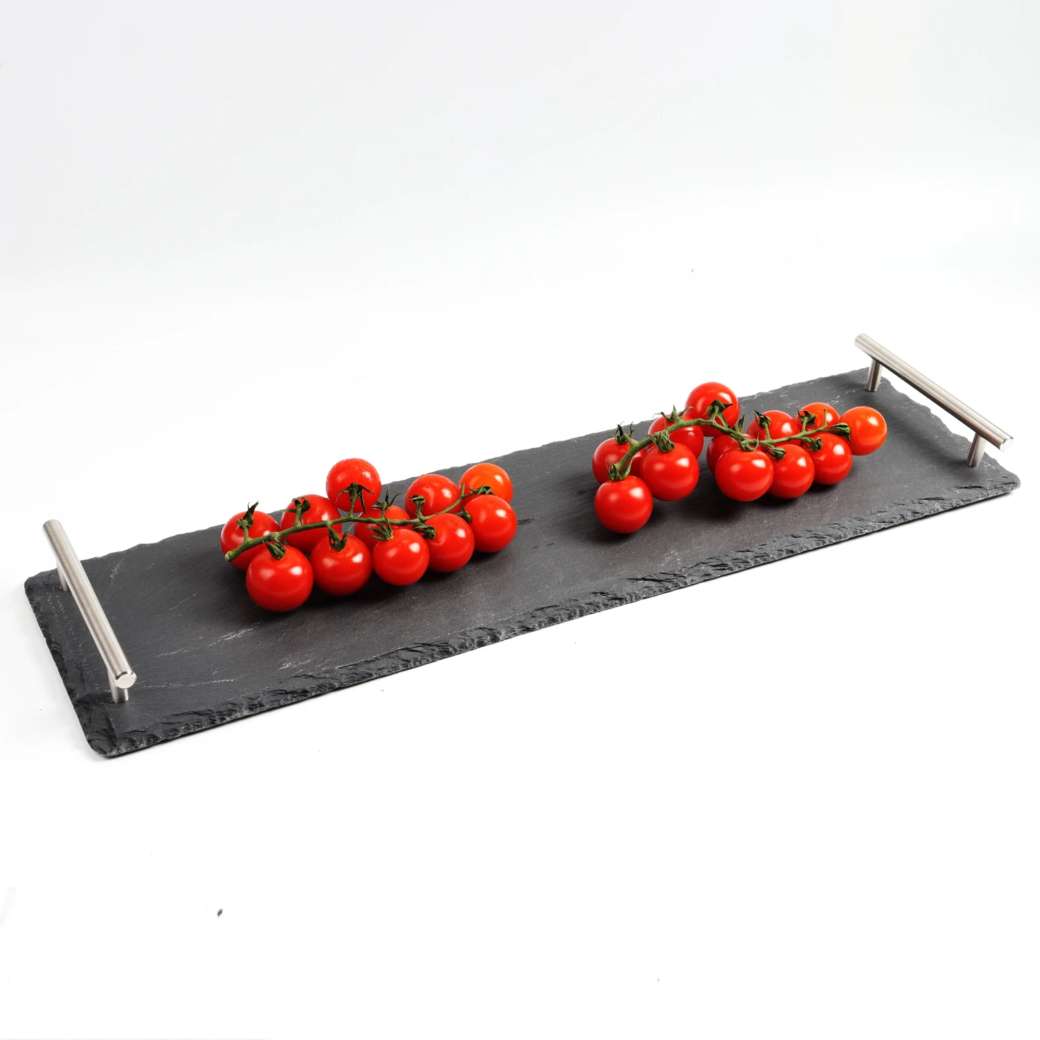 High quality fruit dishes party tableware decoration stone plates slate tray with metal hand grip