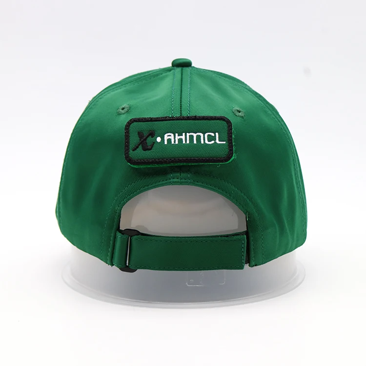 6 panel green satin baseball cap hat with rain stone logo