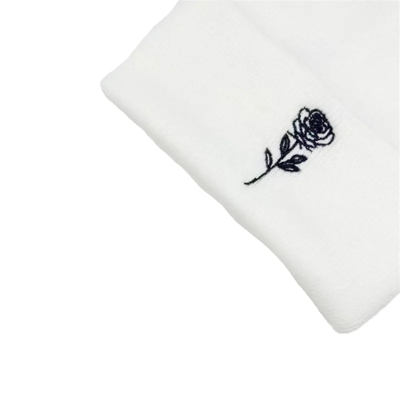 Wholesale Fashion Romantic Rose Embroidered Beanie Knitting Hat gift Solid Acrylic Couple Cuffed Knitted hats for Women Men
