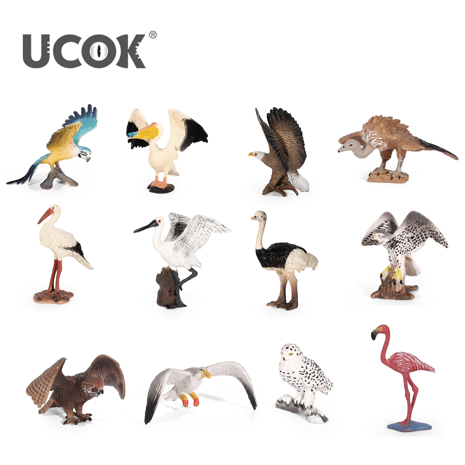 UCOK 2025 New Color Painted Bird Toys Small Fly Animals Owl Parrot Static Model Plastic Flamingo Animal Figurines For Kids