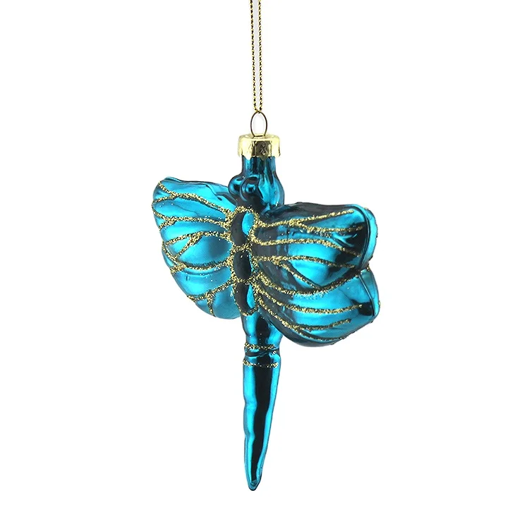 Factory Hand Painted Blown Custom Beautiful Decorative Hanging Bule Glass Bauble Dragonfly Shaped Ornaments  For Christmas Tree