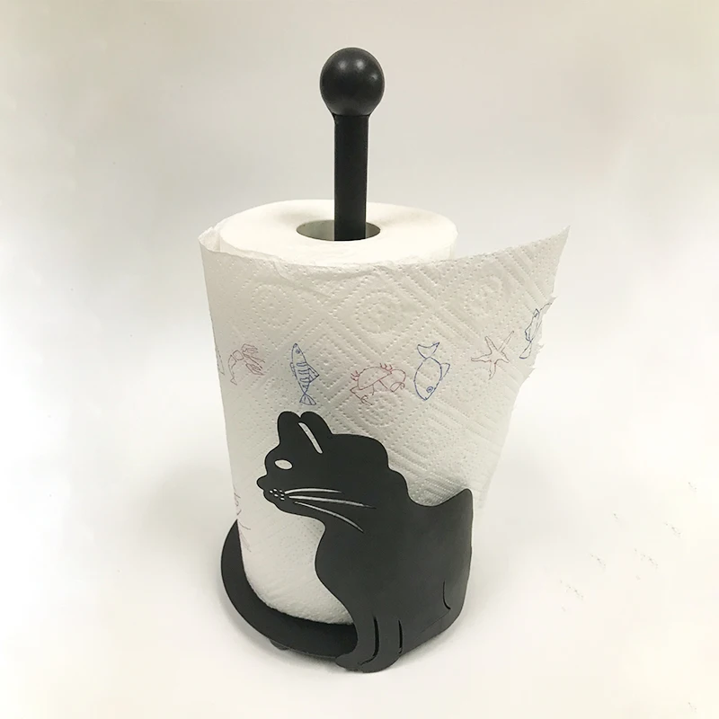 Kitchen Roll Holder Animal Cat Modern Paper Towel Dispenser Tissue Stand Pole Freestand Metal Iron Desk Counter Top Matt Black