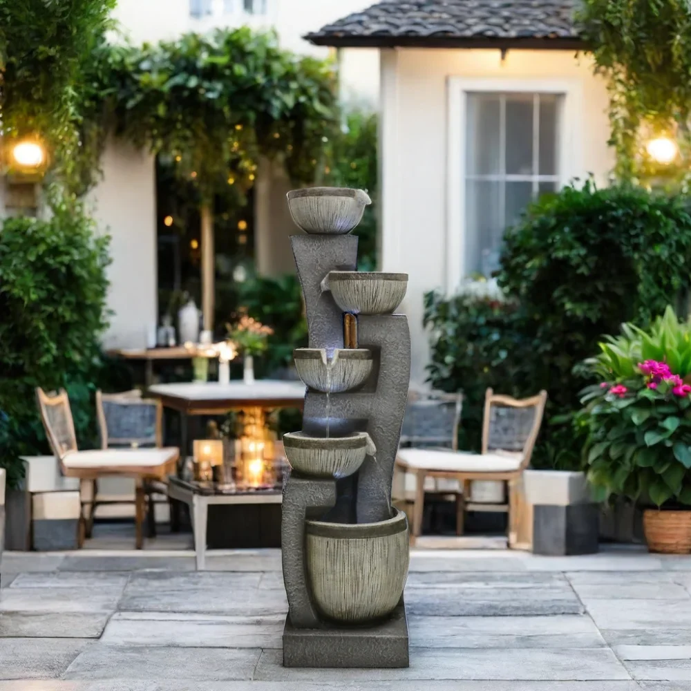 Custom Color 5-Tier Cascading Fountain Lights Curve Shape Floor-Standing Patio Porch Decor Waterfall Feature Garden Ornaments