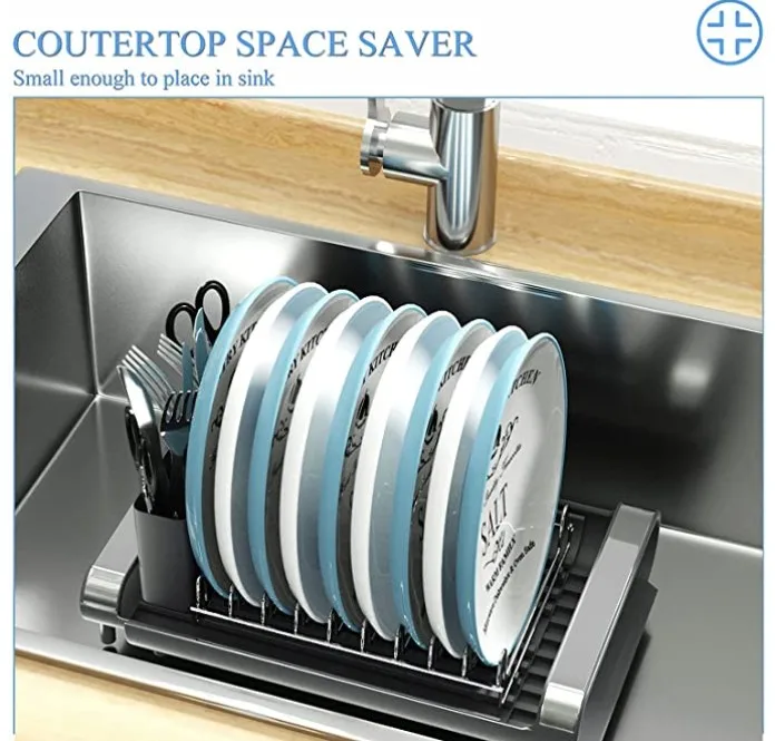 Dish Drying Rack Small Compact Extendable in Sink Plastic and Steel, Dish Racks Expandable Rustproof Dish Drainer Non-Slip Feet