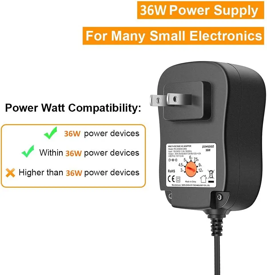 36W Universal AC Adapter 3V 4.5V 5V 6V 7.5V 9V 12V Power Supply for Household Electronics LED Strips Router HUB HDMI Switcher