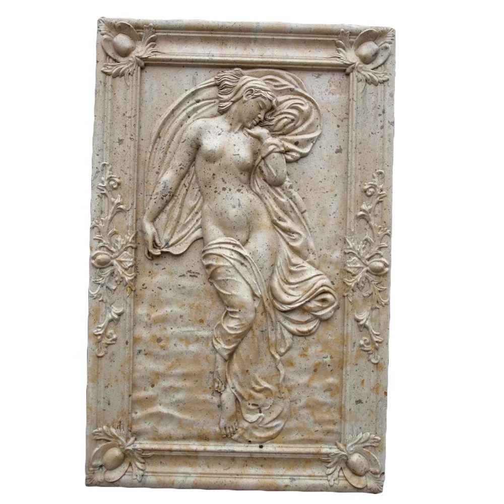100% Natural Material Yellow Marble Polished Antique Human Statue Wall Naked Women Wall Relief Sculpture