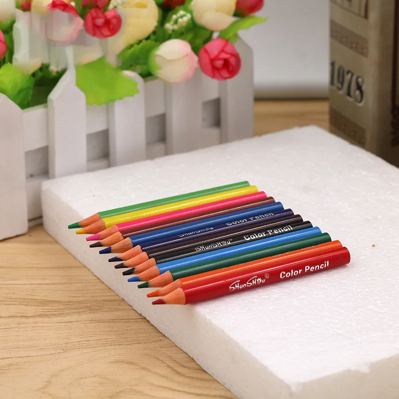 Glitter Wholesale Plastic Leadfree Safety OEM LOGO 3.5 inch 12-color colored pencil set for students writing & sketch drawing