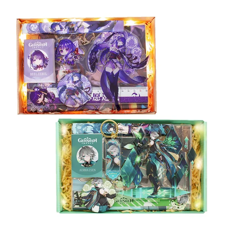 Genshin 37 Styles Anime Blind Box Gift BOX Raiden Shogun Hutao Ayaka Kazuha Pen Brooch Postcard Notebook Set Anime Mystery Box