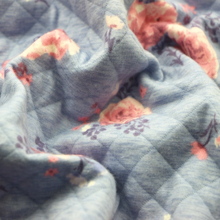 Reactive Print CVC Jacquard Quilt Fabric Knit Weft Cotton Polyester Air Layer Rose Print 3D Diamond Textured Scuba Quilt Fabric