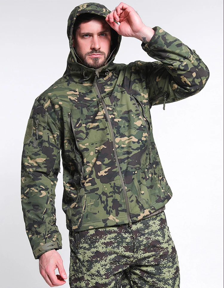Outdoor Camouflage Clothes Windproof Waterproof Fleece Warm Hunting Suit Hood Combat Tactical Uniform Soft Shell Jacket for Men