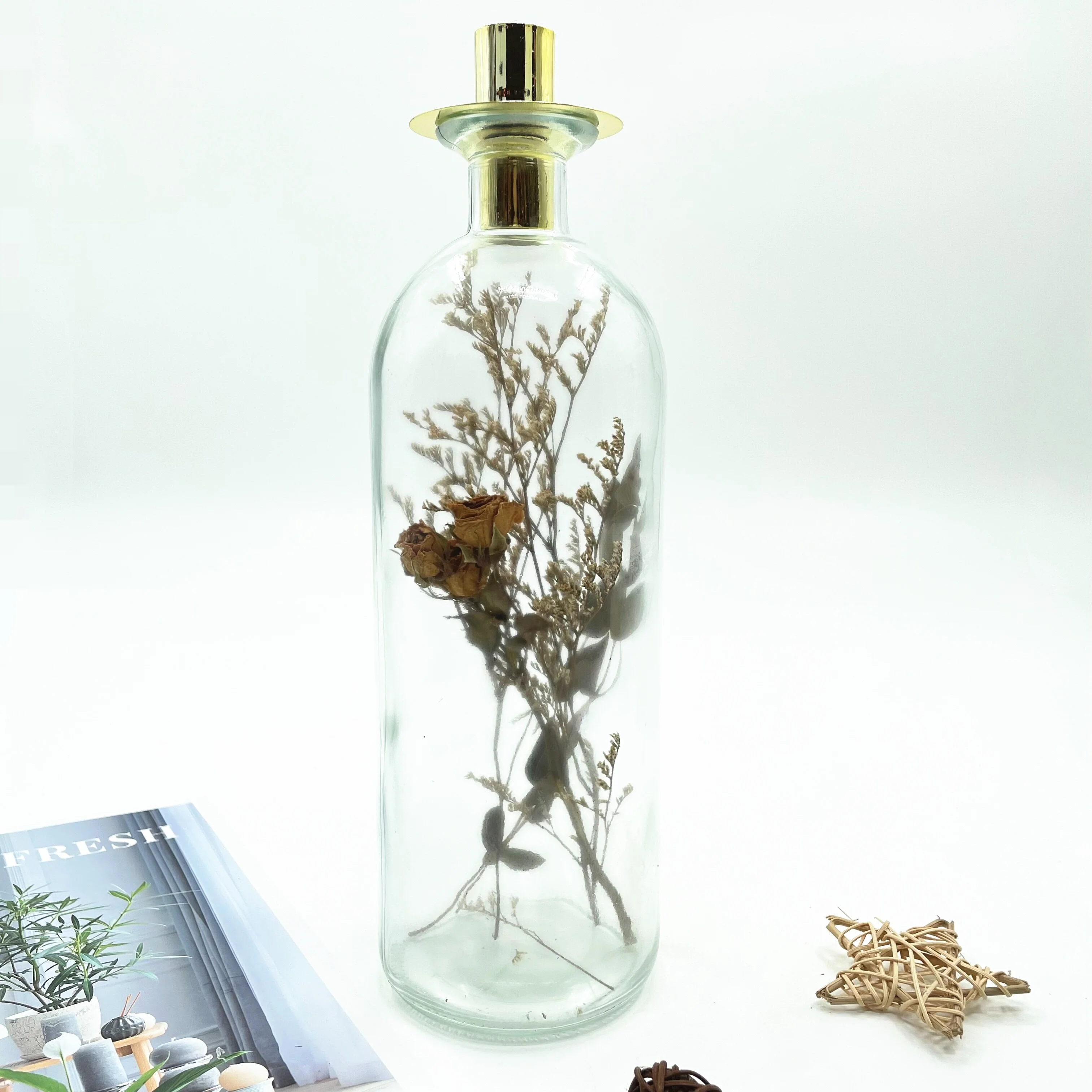 hot sale glass candle holder with dried flower hand made glass candle holder