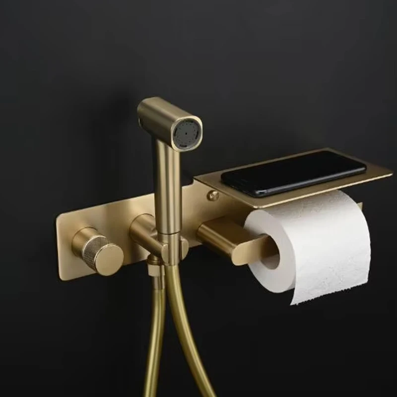 Brushed Gold Hot and Cold Brass Toilet jet Shattaf Bidet Spray Set Muslim Shower Handheld bidet sprayer with Paper Holder