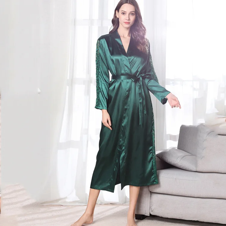 Satin Kimono Robe Long Bridesmaid Wedding Solid Color Cover Up Loose Cardigan Bath Robe with Lace Trim