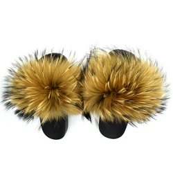 Прямая поставка, пушистые тапочки, пушистые сланцы из натурального меха енота, лисы для женщин