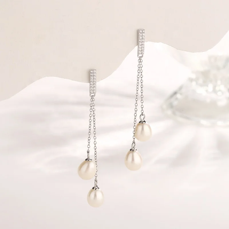 Custom Fashion Earrings Women Elegant Party Jewellery Natural Pearl Zircon Long 925 Sterling Silver Dangle Earrings