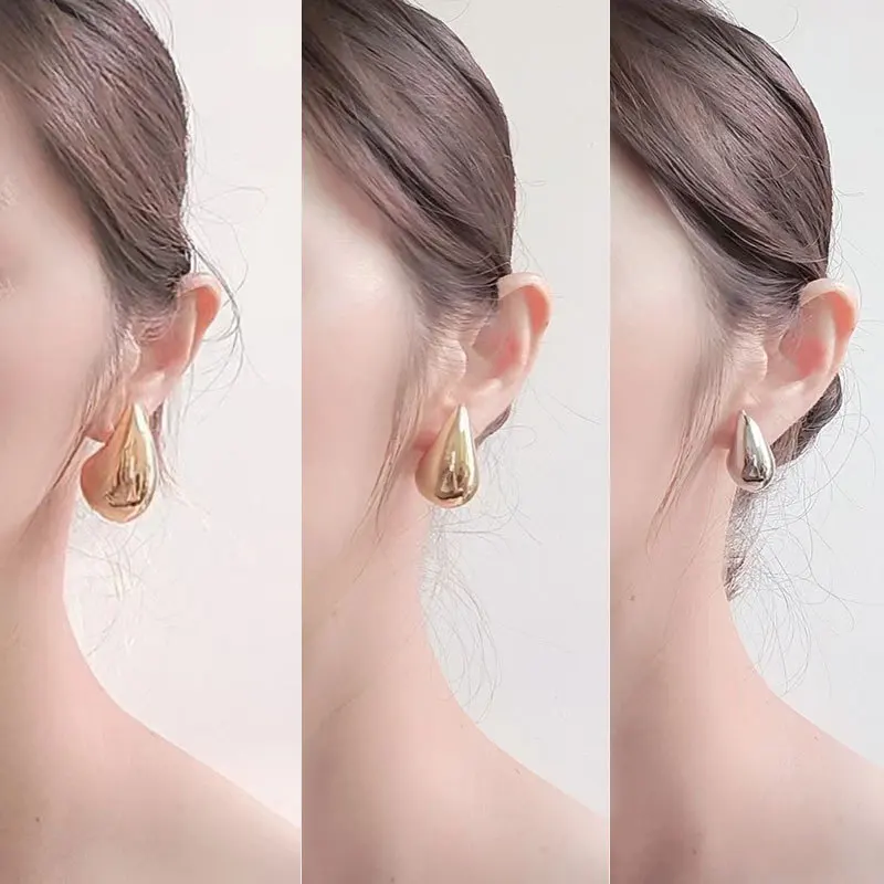 Vintage Gold Plated Metal Chunky Dome Drop Earrings for Women Fashion Glossy Thick Teardrop Earrings Lightweight Hoops Jewelry