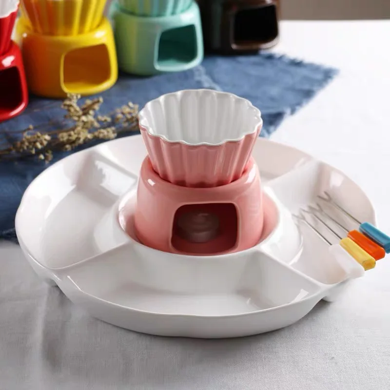 Ceramic Chocolate Fondue Furnace Set Fondue with tray with fork support custom logo