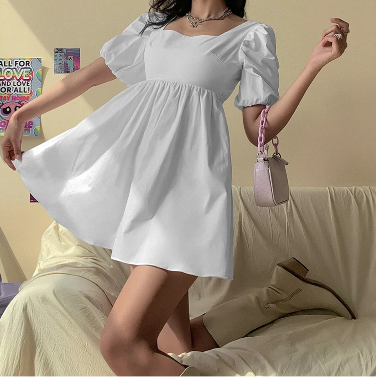 Women Summer Dress Summer Fashion White Elegant Puff Sleeve Backless Party Beach Dress Vacation Casual Mini Dress