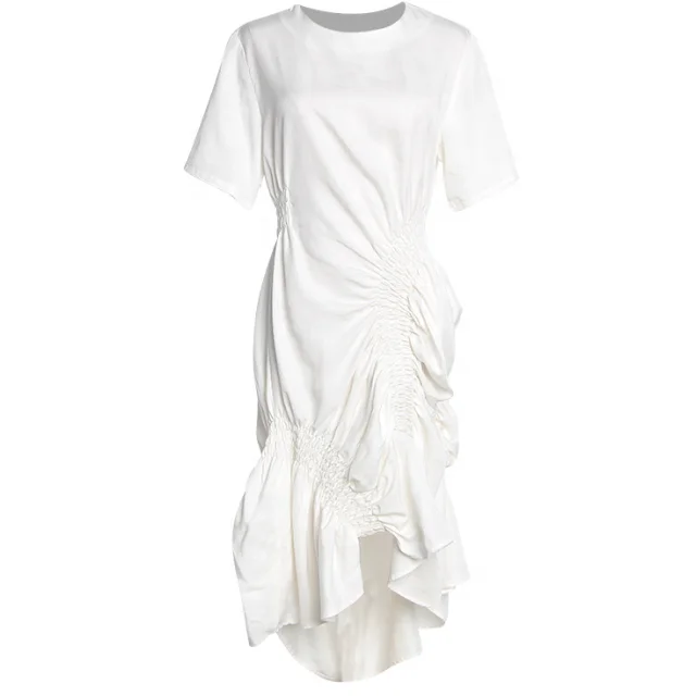 Women Casual Solid White Short Sleeve Wedding Bodycon Pleated Dresses Clothing Lady Elegant Korean Pleated Ruffled Party Dress