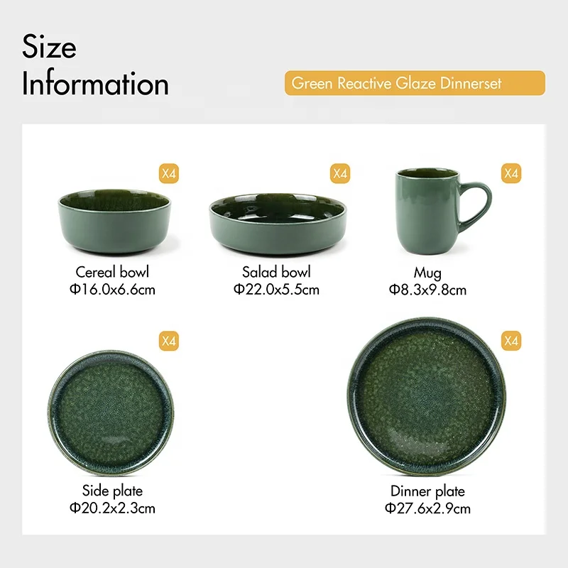 Reactive Dinnerware Crockery Restaurant Hotel 16pcs Korean Tableware Green Reactive Glaze Kitchen Set of Dishes