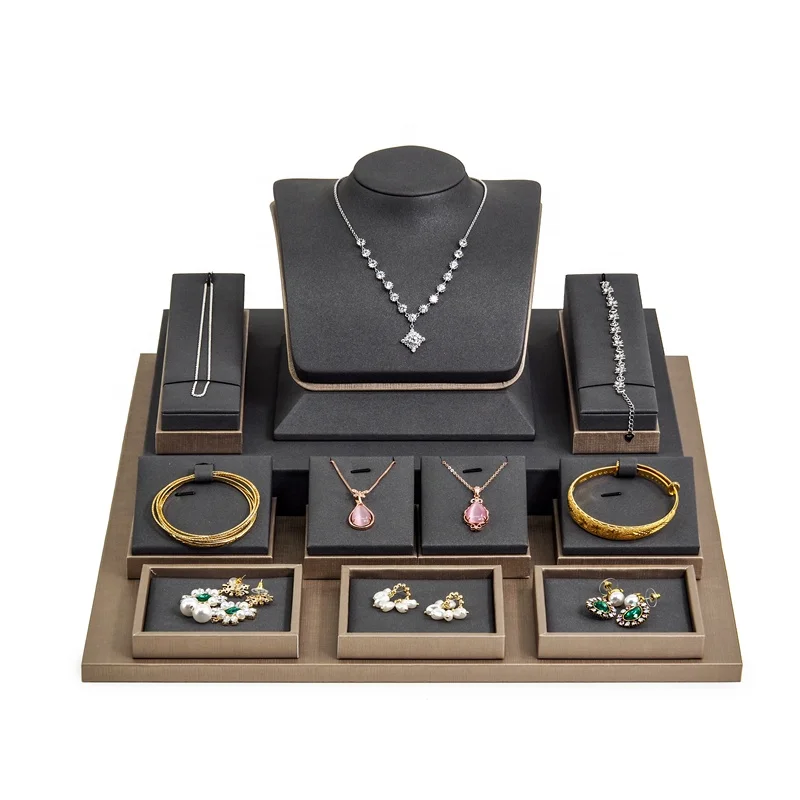 Jewelry stand display props for ring necklace earrings set bust holder black PU leather jewellery display stands sets