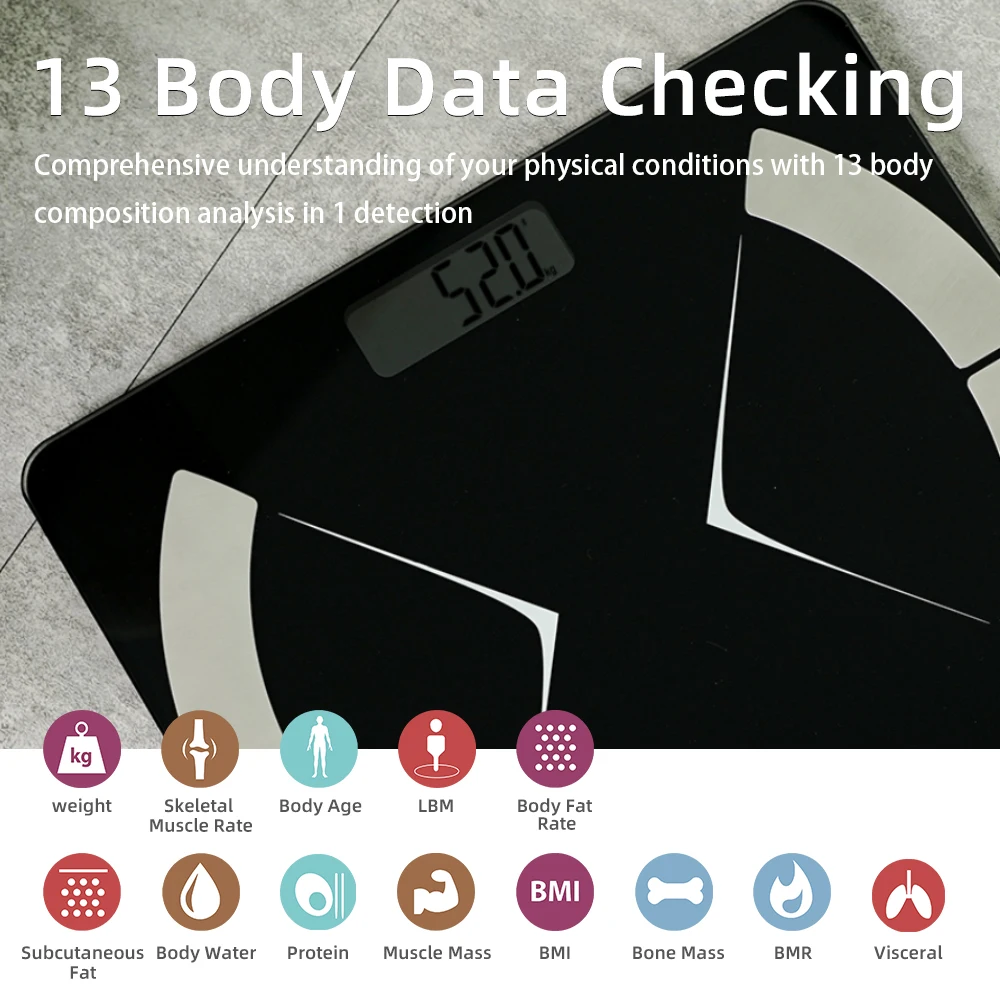  Stock Smart Free App Body Scale Elegant Design Electronic Fat Monitor BMI for