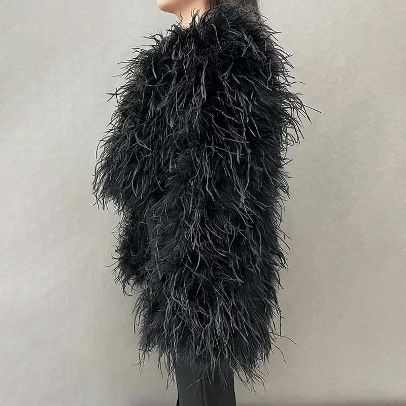 Custom Size Women Luxury Long Sleeve Crop Fur Jacket Fluffy Ostrich Feather Coat