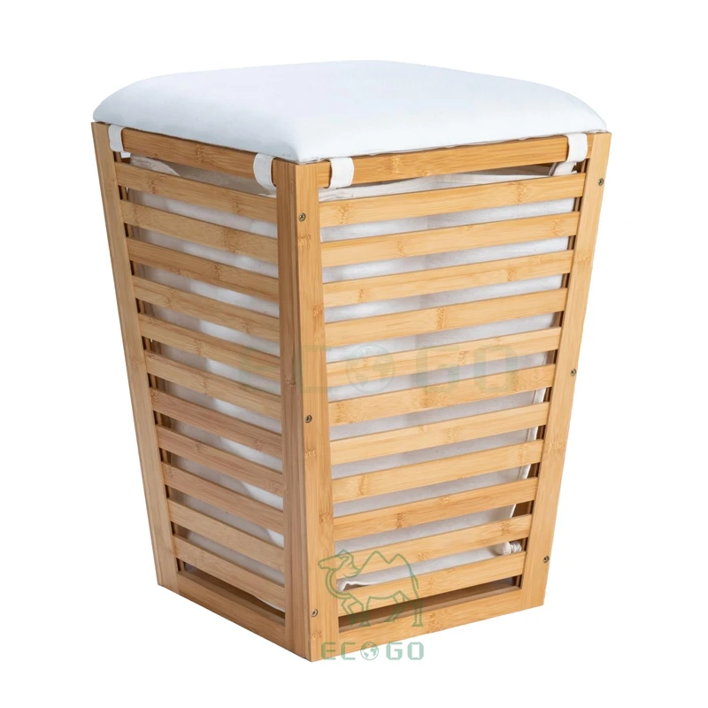Natural Bamboo Hamper with Cushioned Lid and Removable Cotton Bag, Laundry Hamper with Seat