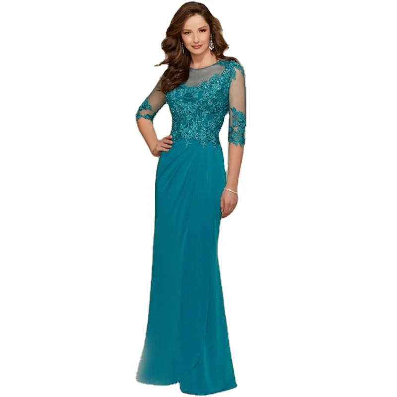 Blue-green Mother Of The Bride Dress Half Sleeves Lace Beaded A-Line Party Formal Weddings Groom Godmother Dresses Plus Size New