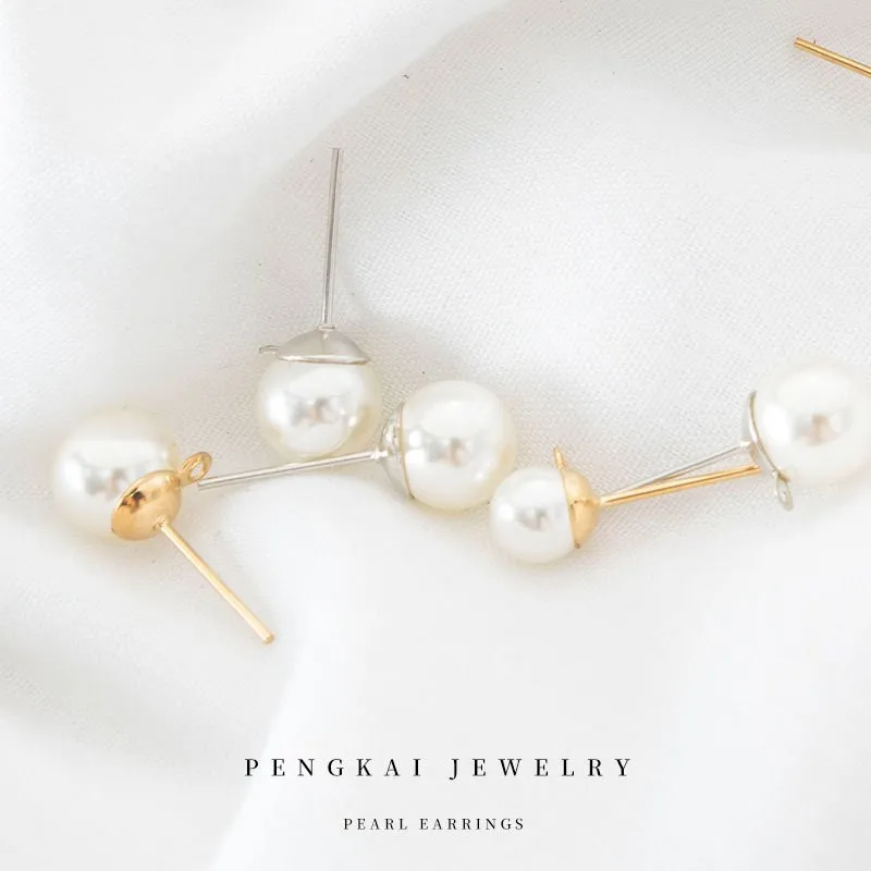 6mm And 8mm Sizes Gold Plated Fresh Water Pearls Earrings Round Stud White Simulated Shell Pearls For Girls And Women