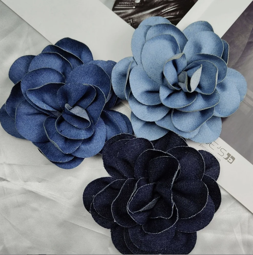 ZSY New Exaggerated Romantic Blue Denim Fabric Big Rose Flower Brooch Accessories Vintage Camellia Pendant Earrings Accessories