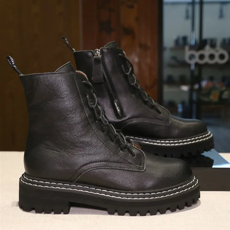 Индивидуальные высококачественные женские ботинки, модные черные кожаные ботинки на ремешках, повседневная женская зимняя обувь