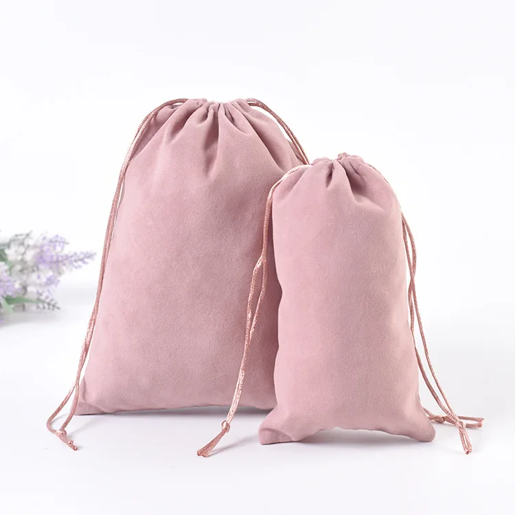 Promotional Large Drawstring Pink Velvet Bag Custom Logo Printed Drawstring Pouch Jewelry Packaging Fabric Gift Bags