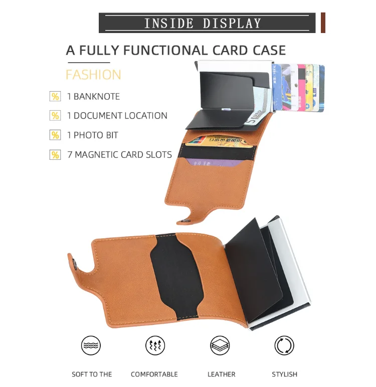 Pop Up PU Leather Metal Wallet RFID Blocking Automatic Aluminium Credit Card Holder Custom
