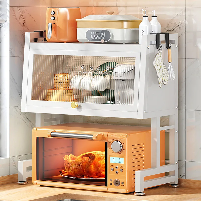 Two-layer Microwave Oven Rack Metal Kitchen Storage Cabinet with Door for Countertop Pot and Electrical Oven Storage Rack Double