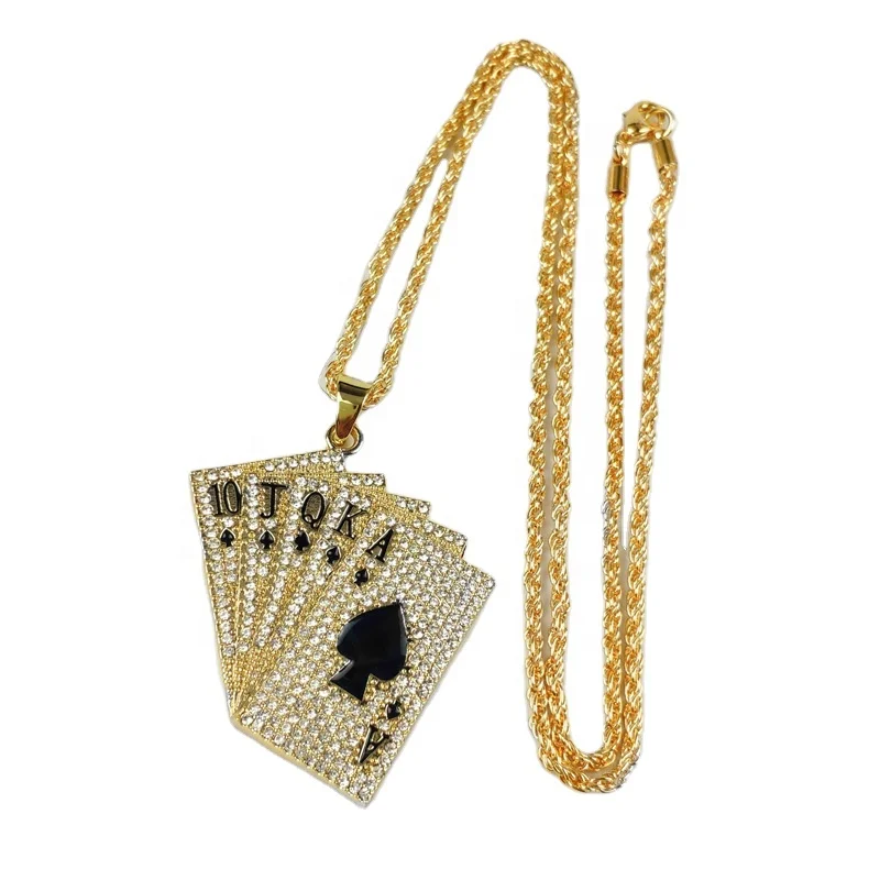 Sell luxury fadeless ice out full diamond cubic zircon silver gold Rhinestone poker pendant necklace jewelry