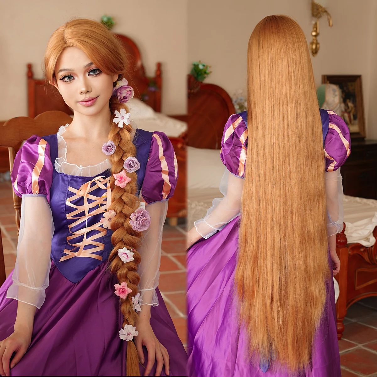 130CM Light Brown Wig Extra Long Straight Cosplay Wig with Bangs Synthetic Supre Long Lolita Rapunzel Wig for Halloween Costume