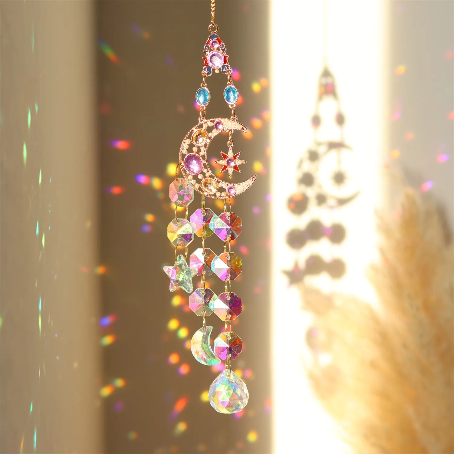 Hanging Moon Star Sun Catchers with Crystal Glass Icicle Prisms Rhinestone Suncatcher Rainbow Indoor Window Home Car Decor Gift