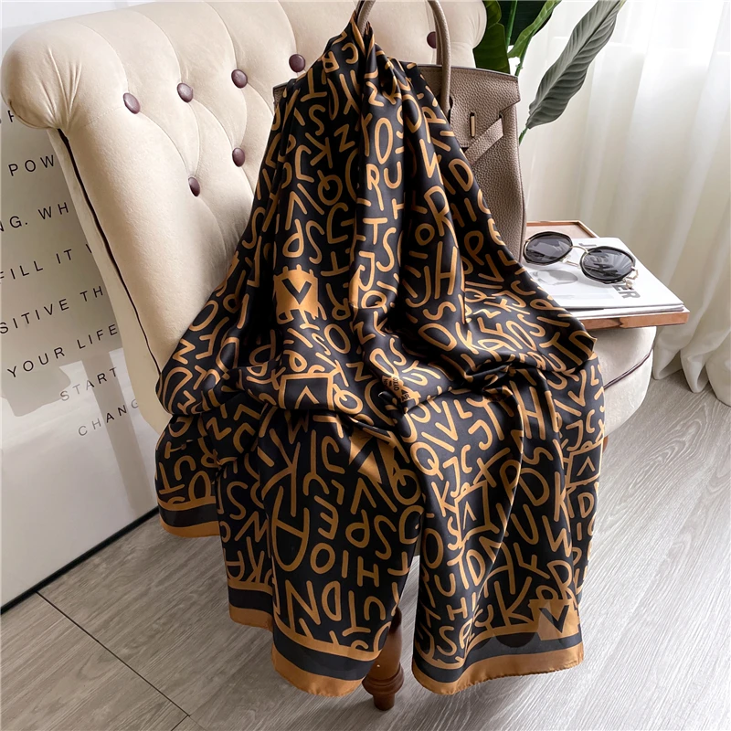 Wholesale 2021 New Style Fashion Gift Beach Women Floral Letter Pattern Print Long Silk Scarf 180x90cm