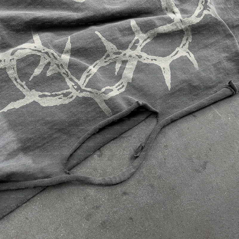 Custom Screen Print T-Shirt Cotton Ripped Distressed Stone Vintage Acid Wash Double Layer Long Sleeveless T Shirt For Men