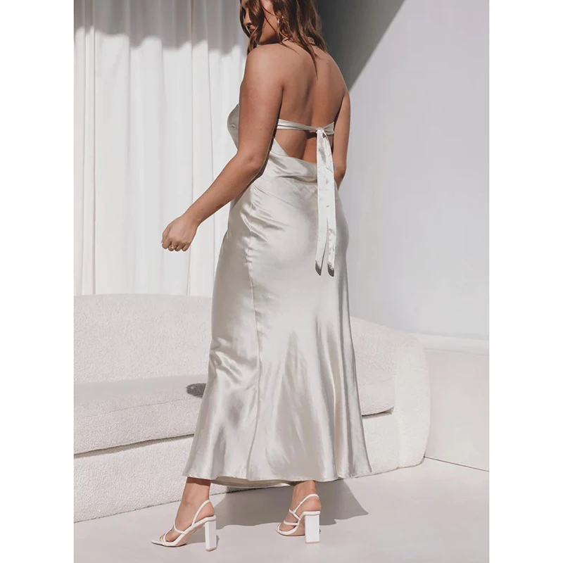 New arrivals Off the shoulder Strapless design sexy trend color Satin wrapped chest casual Tiered skirt Maxi dress