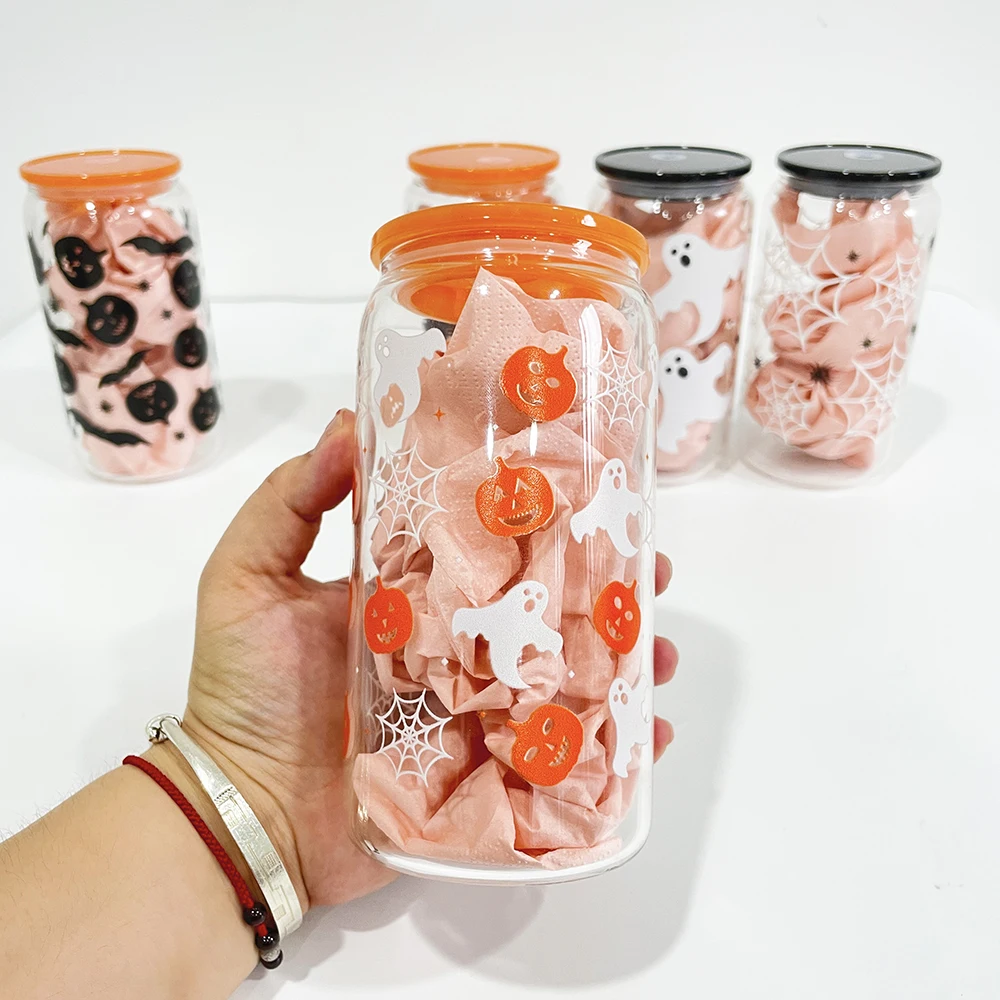 16oz Halloween design 3D touch UV printing beer glass can with plastic lid and clear PP straw Halloween printed glass can