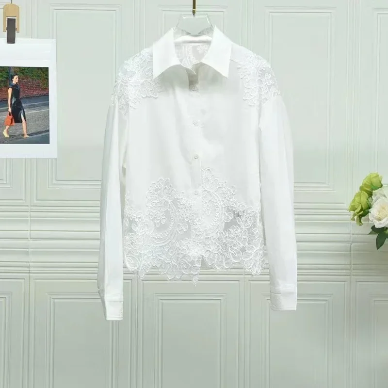 2024 Spring Fashion White Blouses High Quality Women Turn-down Collar Lace Embroidery Long Sleeve Elegant Work Shirts Blouse